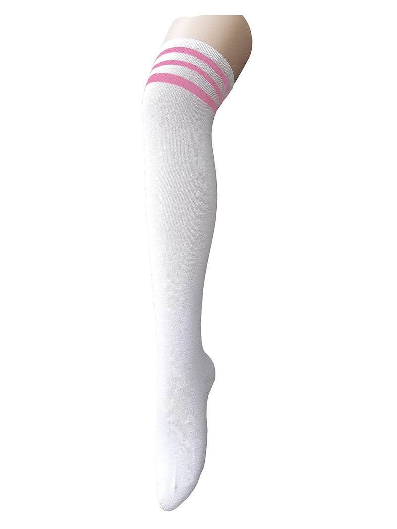 Zando Women Thin Stripes Tube Thigh High Tights Over Knee Socks Casual High Stockings E White w Pink - Image 1